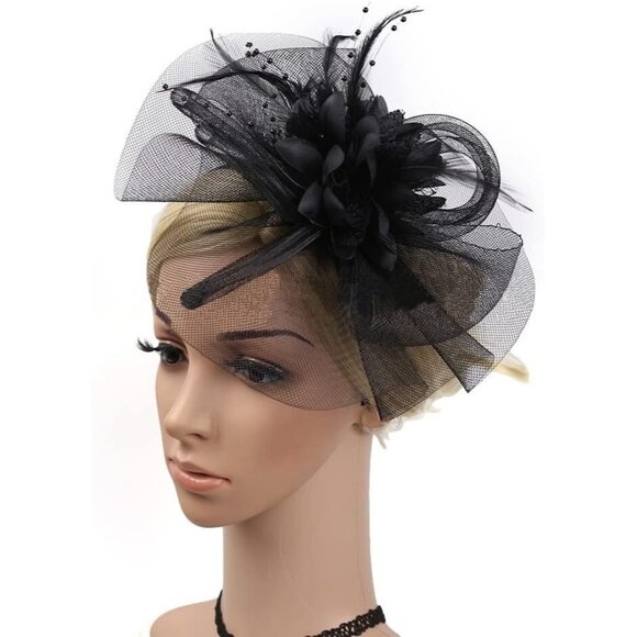 Elegant Black Mesh Flower Fascinator with Beads & Feathers Headband Style - Picture 3 of 8